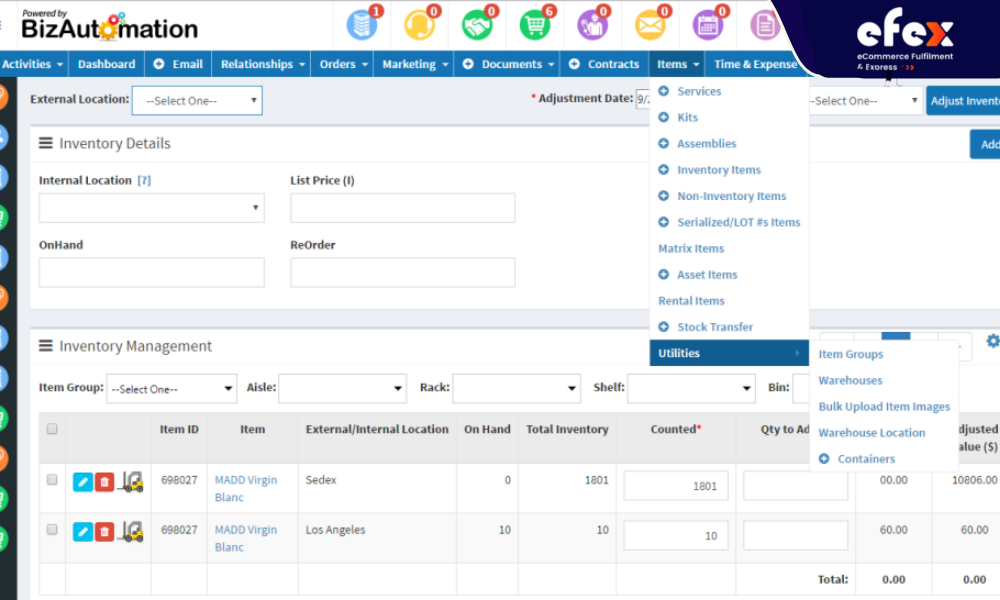 Bizautomation inventory details interface