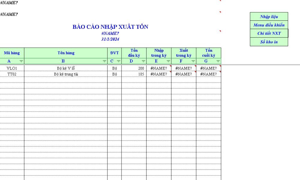 Mẫu file báo cáo nhập xuất tồn kho bằng Excel