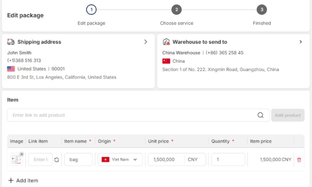 Create package step for international shipping 