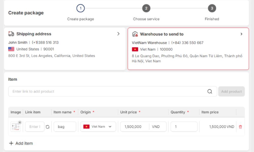 Create package step for international shipping