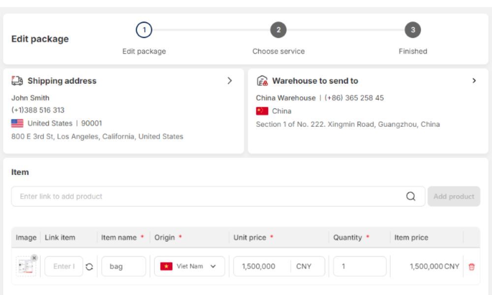 Create package step for international shipping 