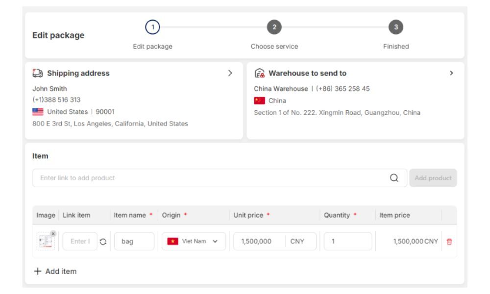 Create package step for international shipping 