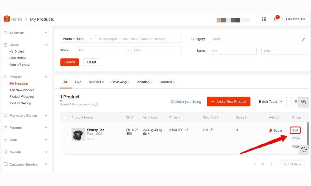 Editing an existing product on Shopee