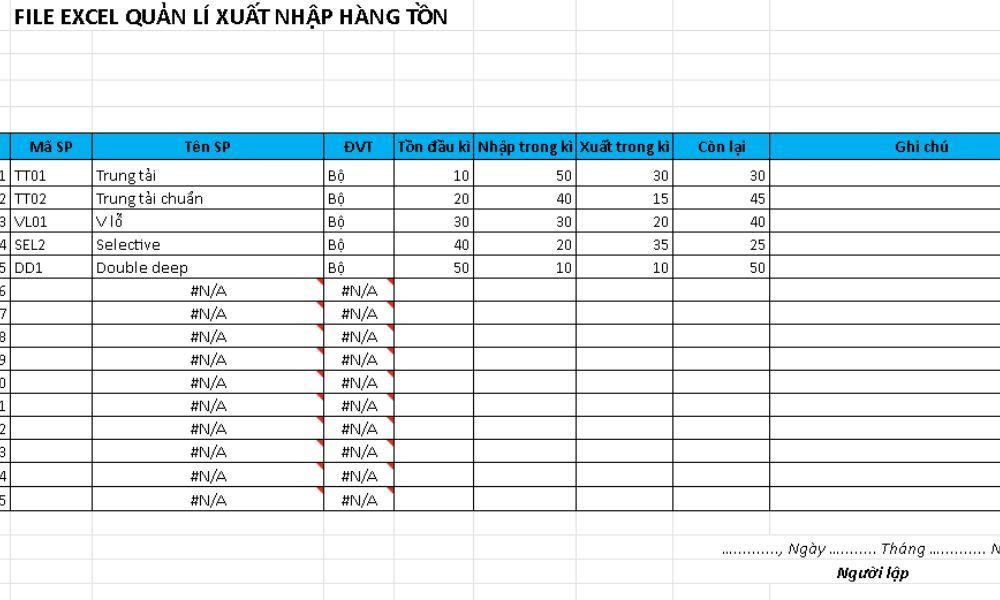 Mẫu file Excel quản lí xuất nhập hàng tồn kho