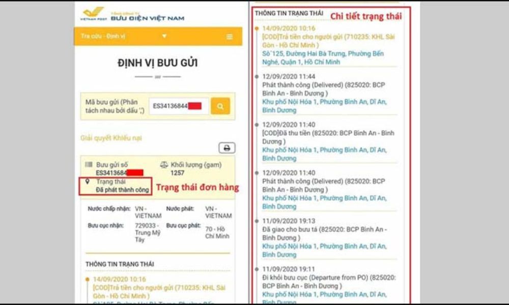 Kết quả tra cứu từ trang web của VNPost