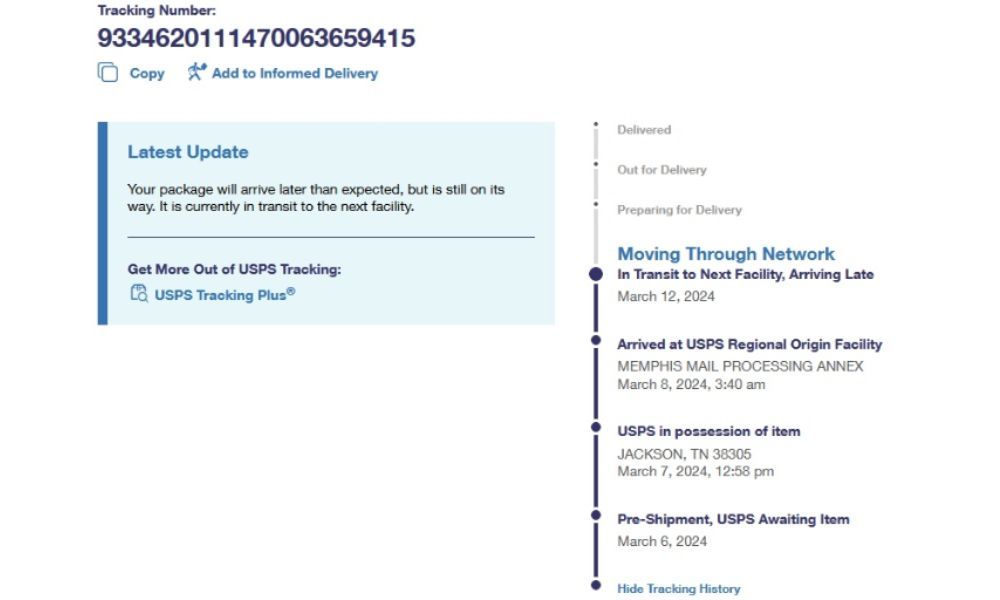 USPS tracking tool on website